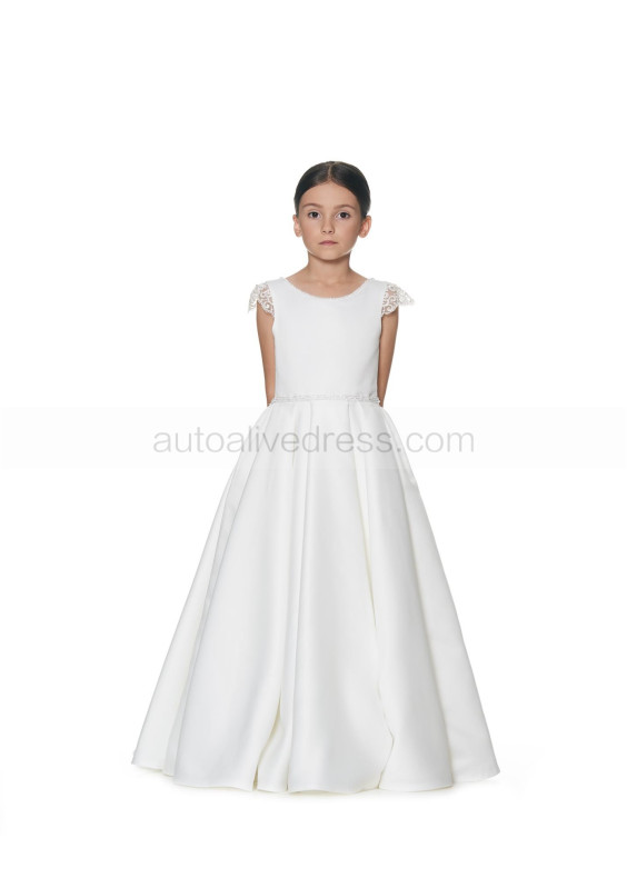 Beaded Cap Sleeves Ivory Satin Lace Gorgeous Flower Girl Dress